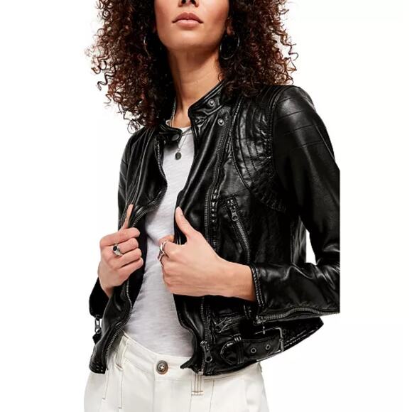 Free People Heartbreaker Faux Leather Moto Jacket in Black Size Medium - Picture 1 of 8